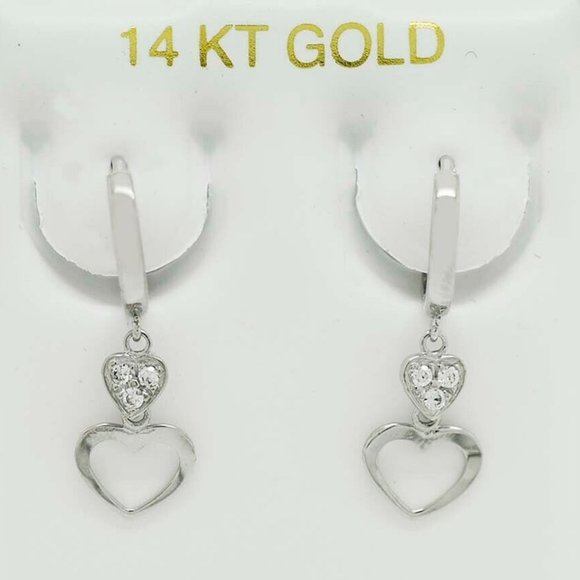 Created White Sapphire Huggies Heart Earrings 14k White Gold
